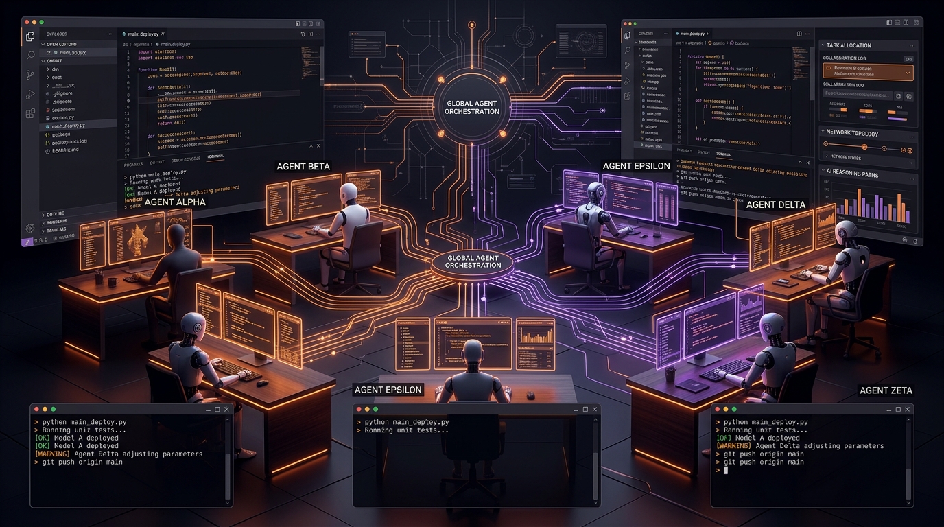 Collaborative AI agents executing parallel coding blocks in dark-tech terminal